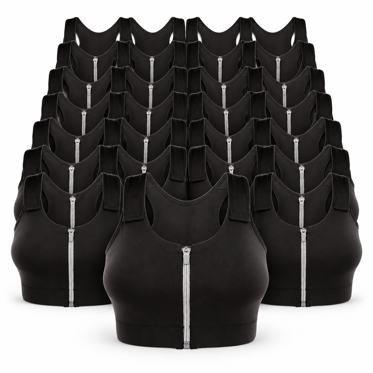 Stack of 24 black front-zip Post-Op Comfort Bras